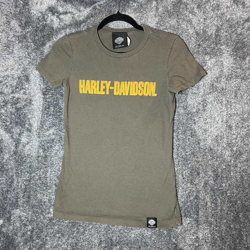 Harley Davidson Shirt Womens Medium Olive Green Museum Spell Out Logo Tee Cotton